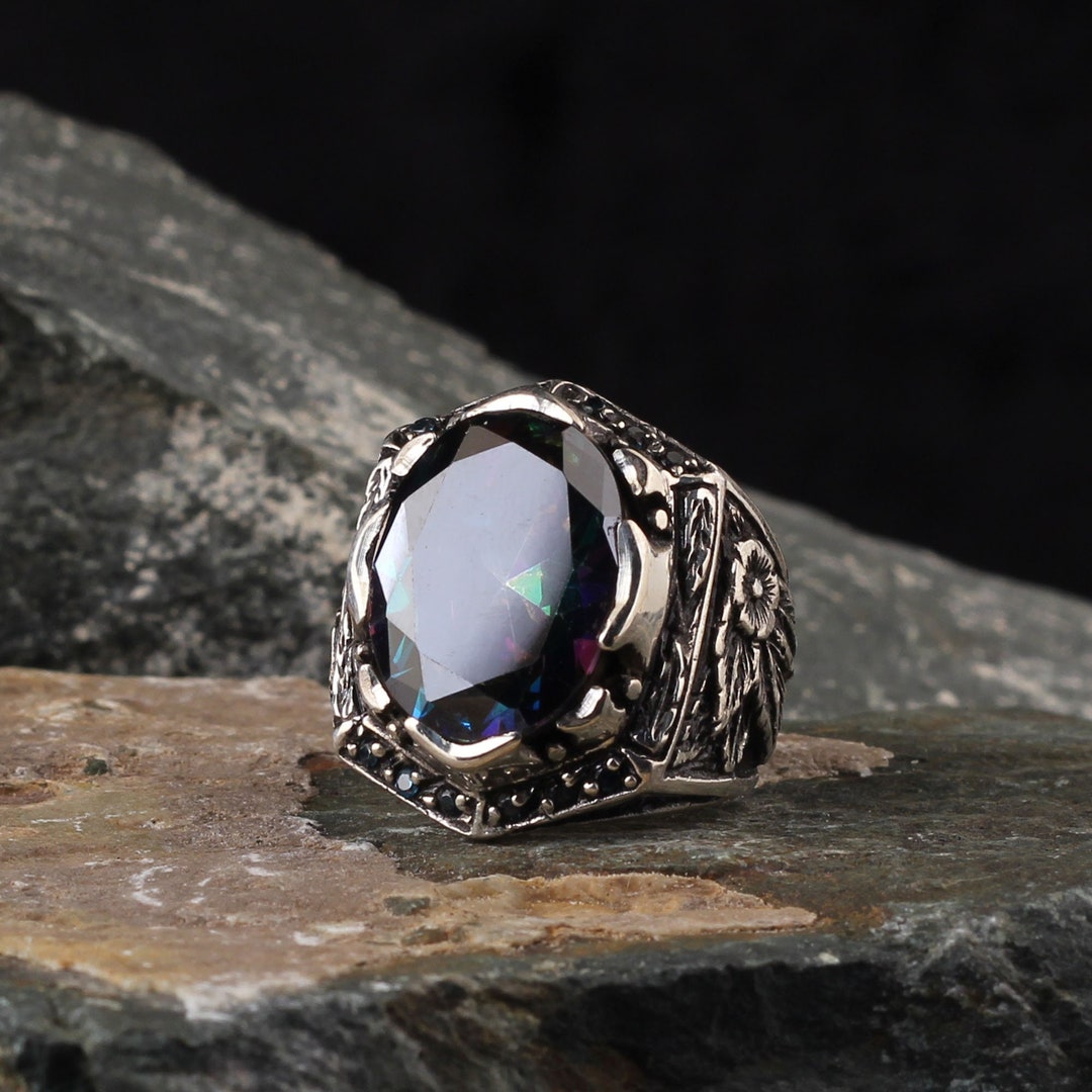 ★47bag ★ 925 Silver Natural Stone Vintage Ring Teagun 5003 VINTAGE STERLING SILVER RING SIZE 7.25 BIG CUBIC ZIRCONIA