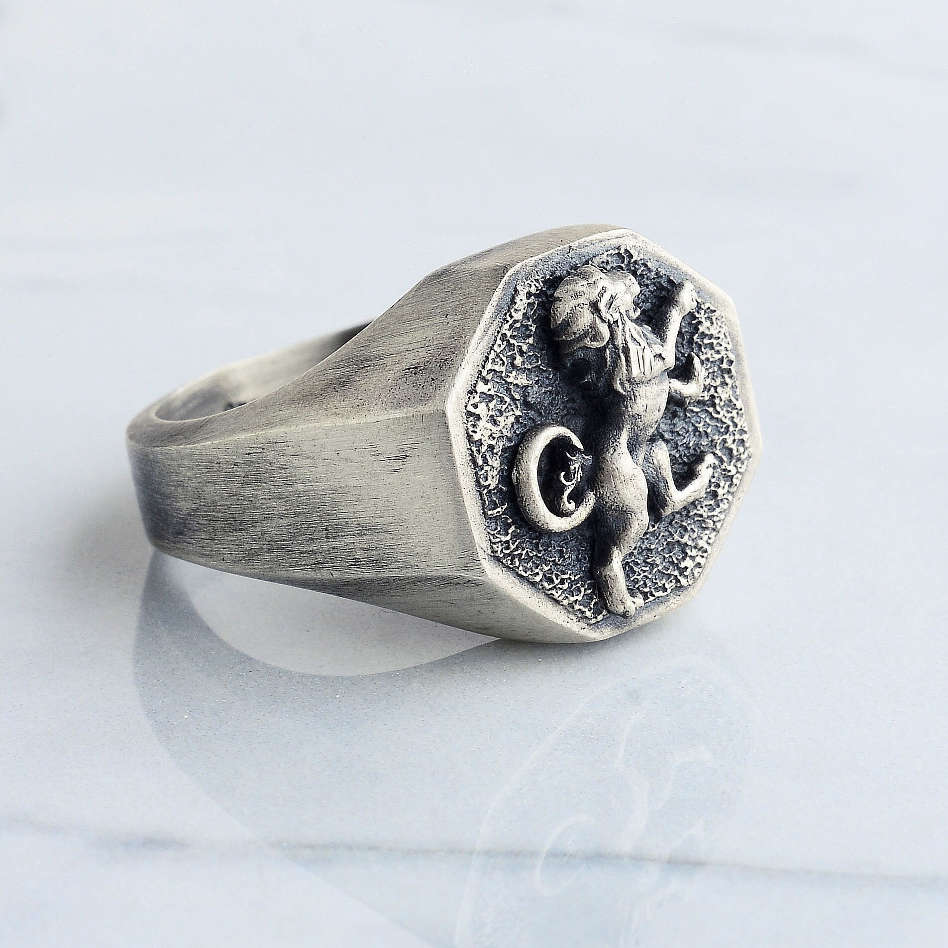 Handmade Sterling Silver Lion Signet Ring: Unisex Zodiac Jewelry