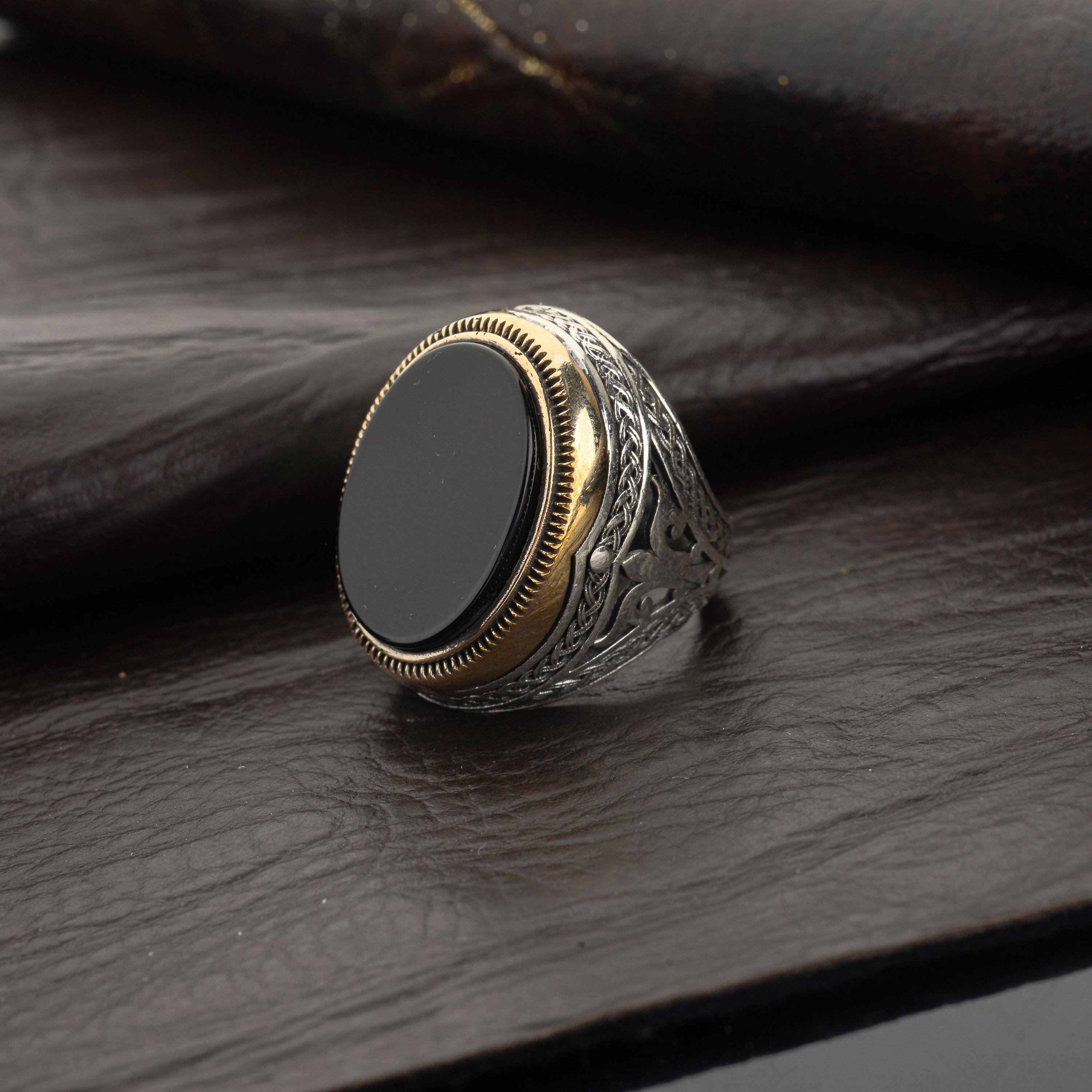 925 Silver Black Onyx Ring for Men: Handcrafted Embroidered Design