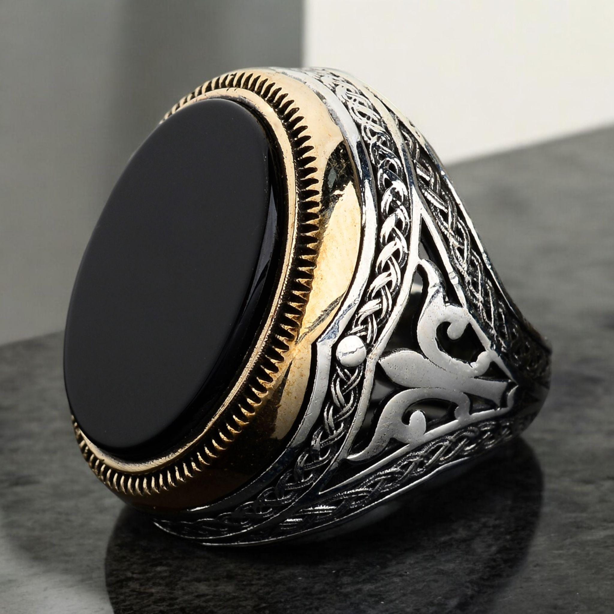 Handmade Sterling Silver Black Onyx Ring: Detailed Signet Ring for