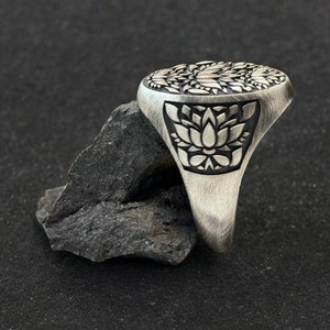 Handmade Sterling Silver Lotus Flower Signet Ring - Kanji Ornamental Design