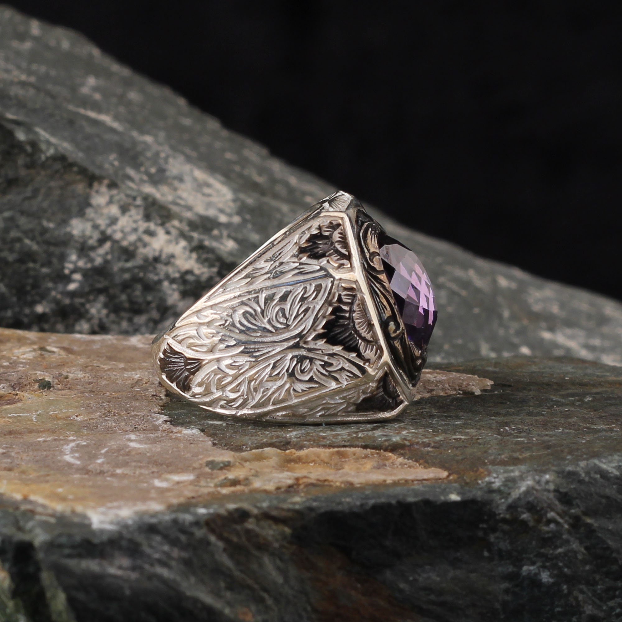Anello Uomo Argento 925 Con Ametista Naturale - Fatto A Mano, Vintage, Misura Personalizzabile - Foto 3