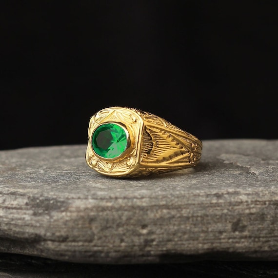10k Gold Green Emerald Ring: Sterling Silver Antique Style Mens