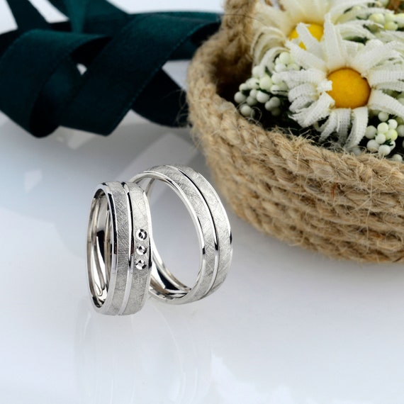 Silver Wedding Band Set, Modern Wedding Ring Set, Matching Wedding