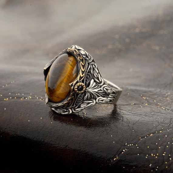 925 Silver Tiger Eye Ring: Byzantine Style Men's Ring - Etsy