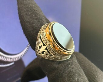 Handmade Sterling Silver Black Onyx Ring: Detailed Signet Ring for