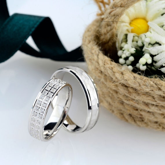 Hammered White Gold Bands Modern Wedding Ring Set Matching - Etsy