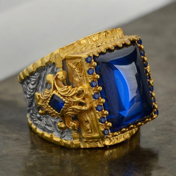 Anello da uomo in argento sterling con zaffiro blu, fascia