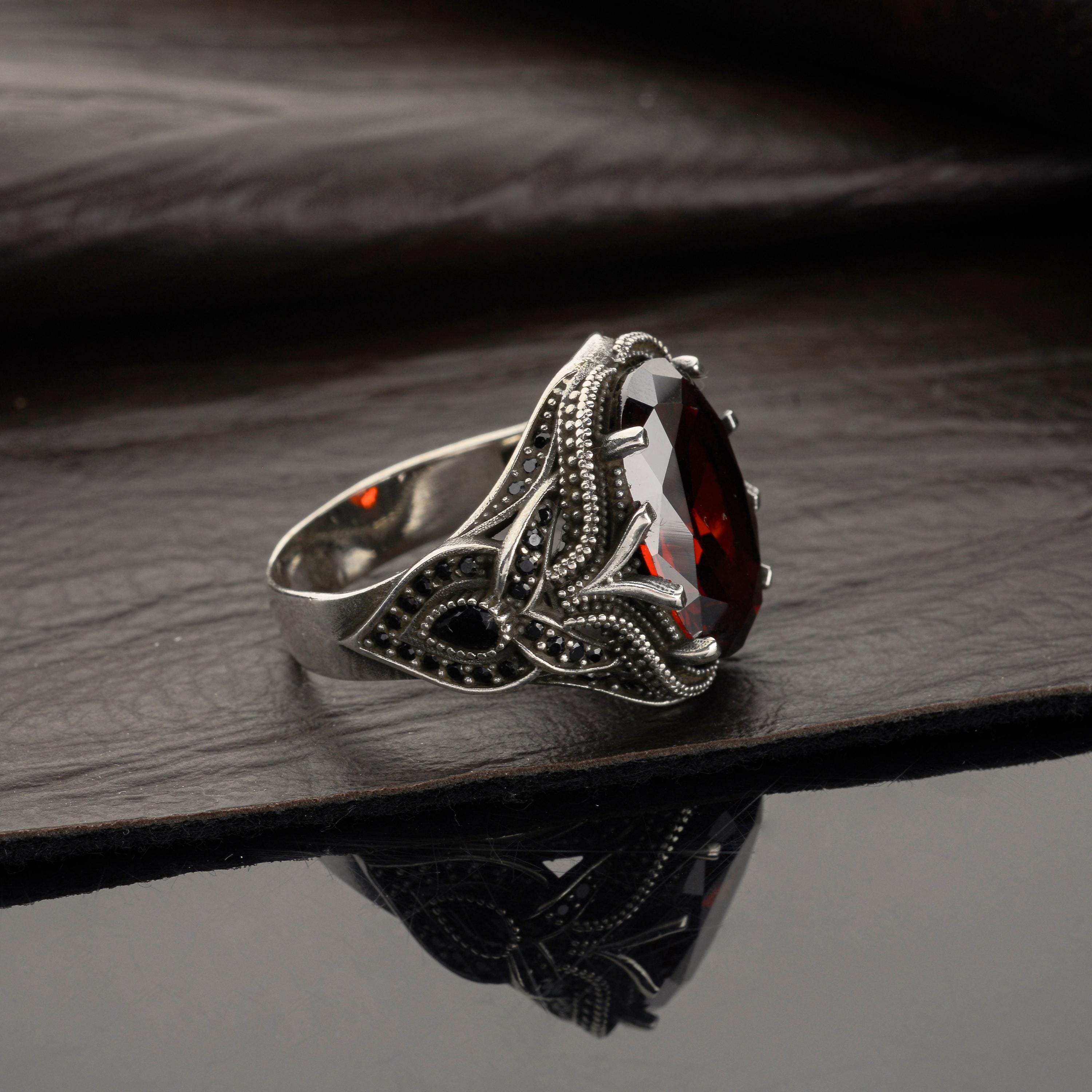 925 Silver Red Zircon Stone Ring for Men, Red Stone Ring