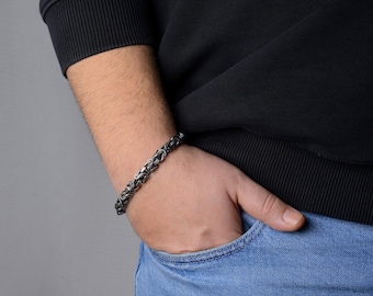 Mens Oxidized Byzantine Chain Bracelet, Handmade Square Chain For Men