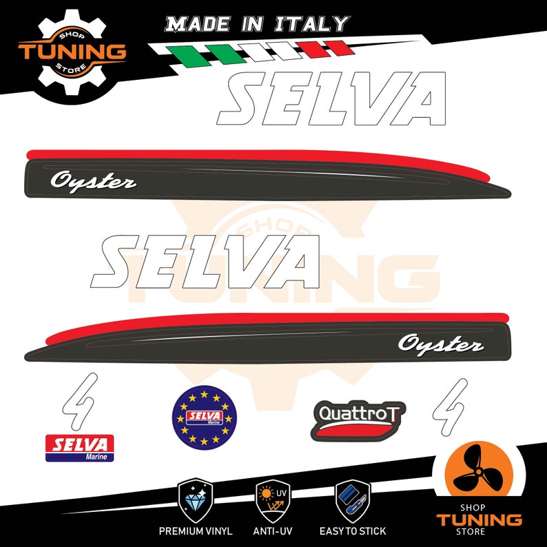 Puede incluir: Calcoman&iacute;as SELVA Oyster negras y rojas con el texto "Made in Italy". La imagen incluye logotipos de "Shop Tuning Store", "Selva Marine", "QuattroT" e iconos de vinilo premium, anti-UV y f&aacute;cil de pegar.