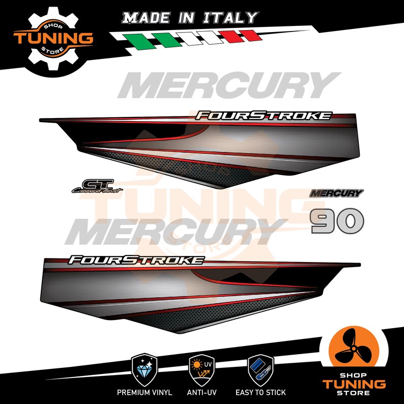 May include: A silver and black Mercury 90 Fourstroke outboard motor decal with red accents. The decal features the Mercury logo and the text "Fourstroke" and "90".
