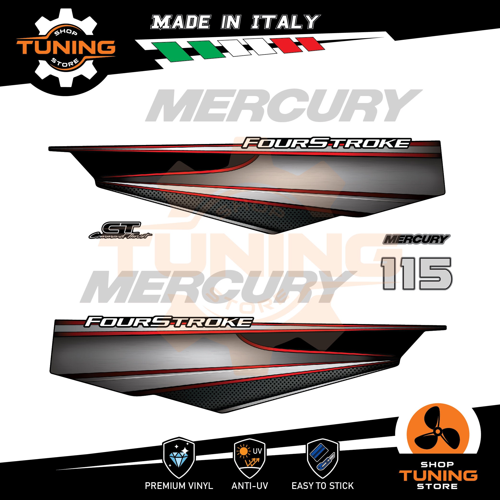 Mercury 115 FourStroke 4 Decal Kit – Red Outboard Engine Graphic Stickers By AMR Racing