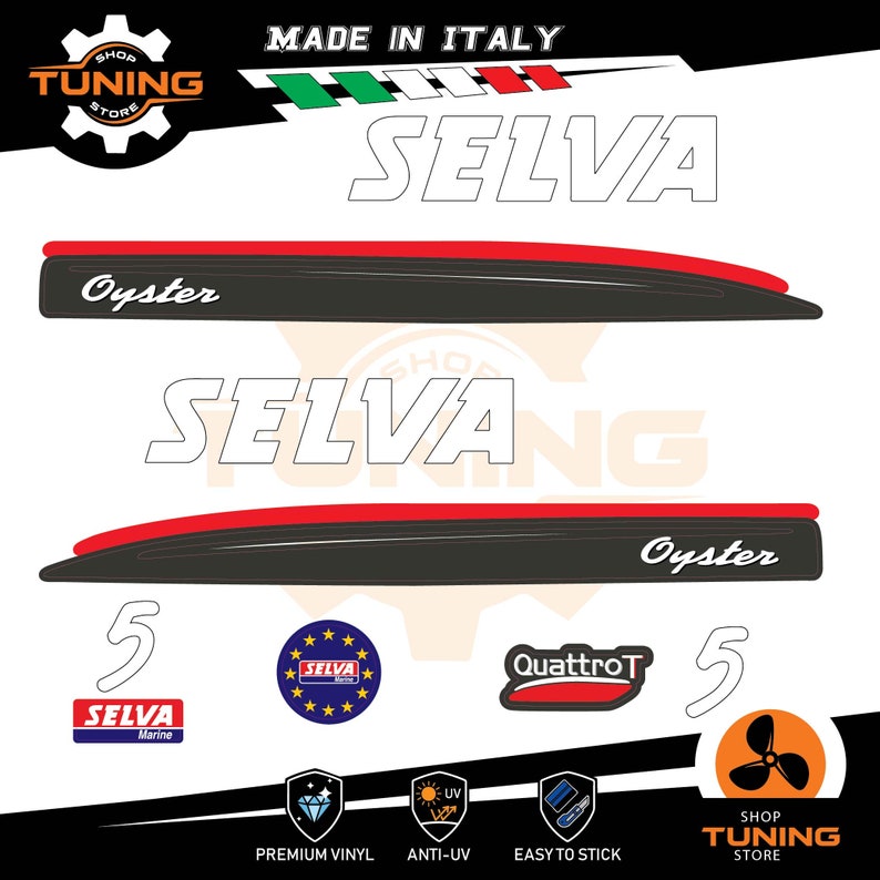 Puede incluir: Calcoman&iacute;as SELVA Oyster negras y rojas con el texto "Made in Italy". La imagen incluye logotipos de "Shop Tuning Store", "Selva Marine", "QuattroT" e iconos de vinilo premium, anti-UV y f&aacute;cil de pegar.