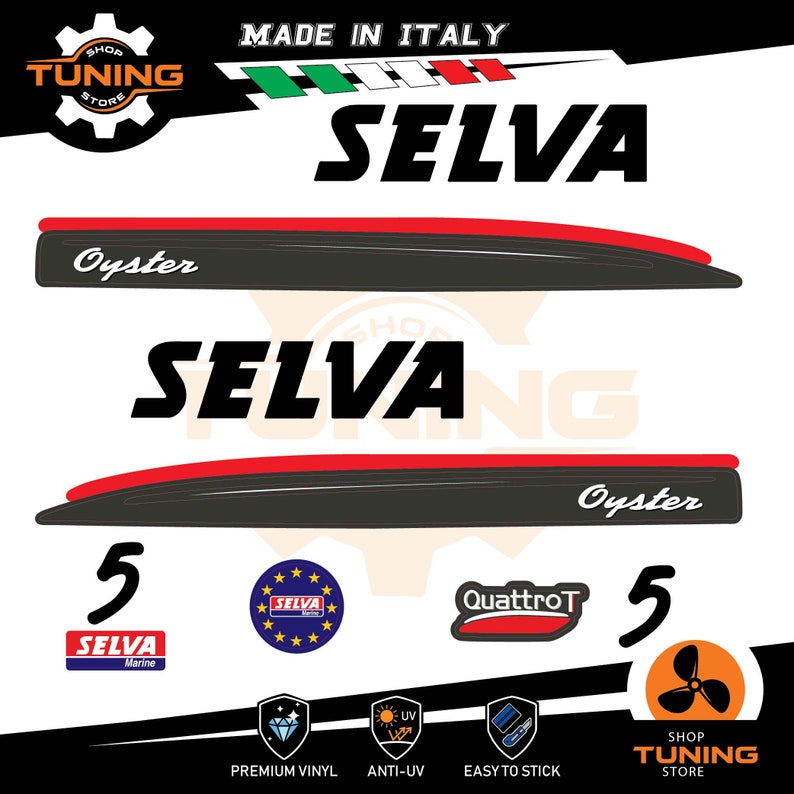 Puede incluir: Calcoman&iacute;as SELVA Oyster negras y rojas con el texto "MADE IN ITALY". La imagen incluye logotipos de SELVA Marine, QuattroT y Shop Tuning Store. Caracter&iacute;sticas: vinilo premium, protecci&oacute;n anti-UV y f&aacute;cil aplicaci&oacute;n.