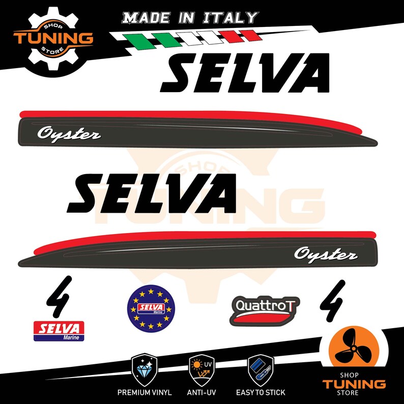 Puede incluir: Calcoman&iacute;as SELVA Oyster negras y rojas con el texto "Made in Italy". La imagen incluye logotipos de "Selva Marine", "QuattroT" y "Shop Tuning Store". Las calcoman&iacute;as est&aacute;n etiquetadas como vinilo premium, anti-UV y f&aacute;ciles de pegar.