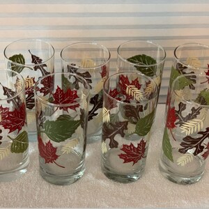 Vintage 15 oz Autumn Leaves Glass Tumblers (Set of 8) "Late Fall Leaf" Pattern by Libbey Glass Company Red, Green, Brown Leaves