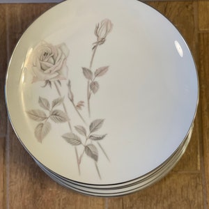 Dinner Plates 10 1/2&quot; by Noritake Melrose White with Pink Rose Floral Gray Leaves Platinum Trim Made in Japan