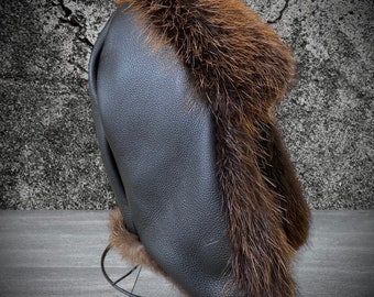 Leather & beaver fur trapper hat. Cozy fur hat.