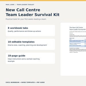 Può includere: Un kit di sopravvivenza per team leader di call center di Paul Lowe con una guida di 18 pagine, 10 modelli modificabili e 8 schede di lavoro per qualità, prestazioni e follow-up. Include una cartella di lavoro Excel, modelli Word e una guida PDF.