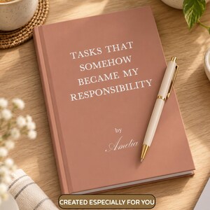 May include: A dusty rose notebook with white text that reads TASKS THAT SOMEHOW BECAME MY RESPONSIBILITY and by Amelia. A cream and gold ballpoint pen rests diagonally across the cover. The notebook has a smooth, matte finish and a rectangular shape.