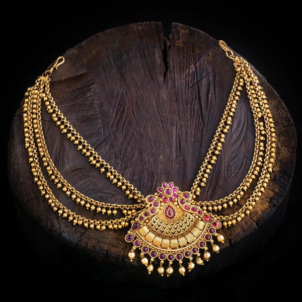 Hair Hanging Chain with Pendant Clip/ Peacock Kemp Ruby Gold Beads Hanging /Antic Finish / South Indian Jewelry