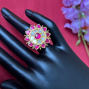 Kundan Cocktail Ring: Jadau Kemp Ruby, Emerald, Mother of Pearl, Antique Gold Finish