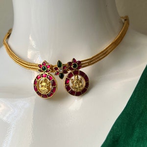 Jadau Kundan Goddess Lakshmi Devi/ Pendant Choker: Ruby Emerald, Gold Finish