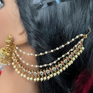 Ear Chain With Red and Green CZ stones Pearl/Matti Antique Gold  Finish/Gold Bead Drop/ 2 Ear Chains/Indian Jewelry