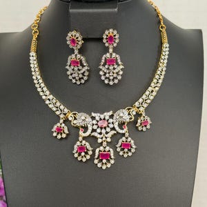 CZ Necklace with Earrings: Dainty  Ruby Charm Pendant/Trendy Two-Tone Dimond Finish