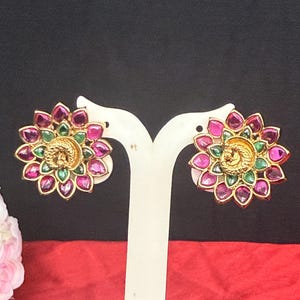 Kemp Ruby Peacock Stud Earrings:Antique Gold Finish Indian Jewelry
