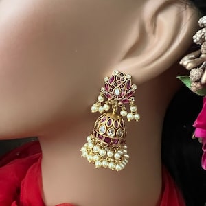 Kemp Lotus Jhumka Earrings: Antique Gold, Pearl, Ruby CZ Kundan