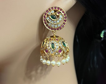 CZ Stones  Peacock Jhumka Earrings/  Premium Quality /Matte Gold Finish/Indian Jewelry / Bridal Jhumka Earrings.