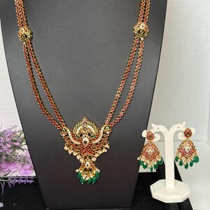 Kemp Antique Haram with Earrings/Ruby green/Two line Necklace /South Indian Jewelry