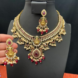 Goddess Lakshmi Temple Jewelry: Antique Gold Necklace & Earrings Set