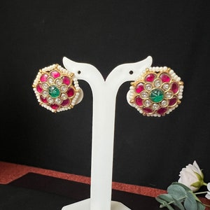 Kundan Jadau Stud Earrings: Green Carving, Gold Finish, Pearl Indian Jewelry