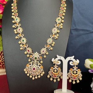 Peacock Haram Necklace Earring Set: Ruby, Emerald, Antique Gold South Indian Jewelry