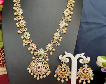 Peacock Haram Necklace Earring Set: Ruby, Emerald, Antique Gold South Indian Jewelry