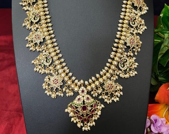 Kemp CZ Stones Mango Peacock Guttapusalu Haram/ Dull Tone Antique Matte  Gold Finish/with Matching Earrings/ South Indian Jewelry