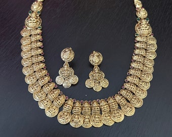 Goddess Lakshmi Coin Necklace Earring Set: Kemp Ruby, Antique Gold South Indian Jewelry