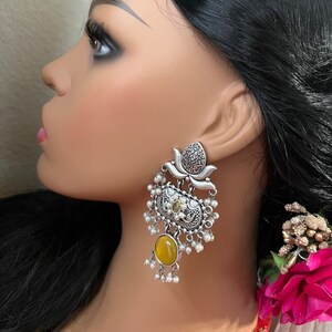 Lotus German Silver Earrings: Yellow Monalisa Stone Indian Jewelry
