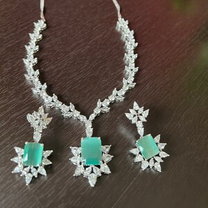 Doublet Blue Necklace Mossanite Stones Pendent/Ocean Blue/ Silver Finish/Short Neckless Premium Quality/Neckless 18.5 long/Earrings 1.8Inch.