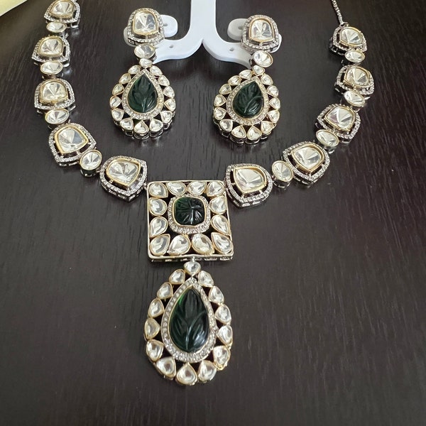 Uncut Diamond Polki Kundan/AD Stones Green Carved Stone/ Silver Gold Polish / Necklace Light weight/ South Indian Jewelry/ Asian Jewelry