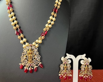 Goddess Lakshmi Balaji Pendant/ CZ Pearl Ruby Red Gold Beads Haram Set /Premium Quality/30 inches Long Haram/ Hand Made/ Indian Jewelry