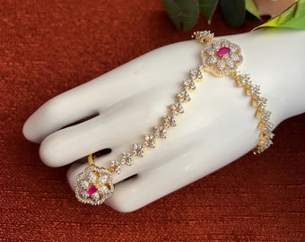 AD Ruby Pink Haath Phool Finger Ring Adjustable /Single One /Small Bracelet /Hand Panja/Premium Quality/Gold Finish/Indian Wedding Jewelry