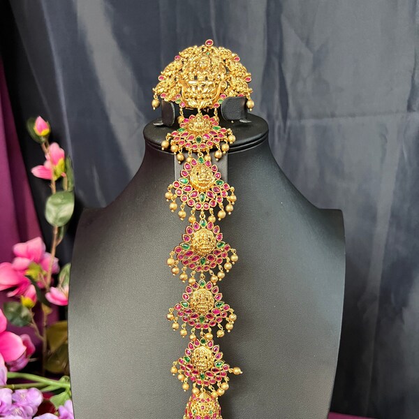 Goddess Lakshmi Kemp Jada Billa 12.5 inches Long Antique Gold Finish/Hair Clips all Attached /Hanging Jhumuka Gold Beads/Indian Jewelry