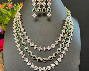 Kemp Emerald Green Multi Layer Necklace with Earrings: South Indian Jewelry
