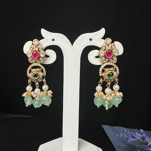 Jadau Kundan Earrings Ruby Pink Emerald CZ Stones /Antique Gold Finish/Pearl Mint green Beads Drop/1.8 inch long Light weight/Indian Jewelry