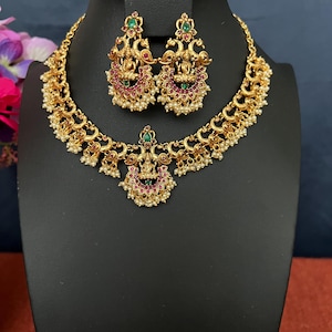 Goddess Lakshmi Necklace & Earrings Temple Jewelry: Ruby, Emerald  Antique Gold Finish