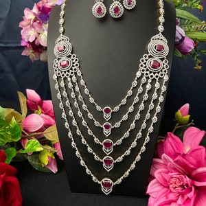 Ruby Pink Stone Bridal Haram Set: South Indian Jewelry with Tikka/Light weight